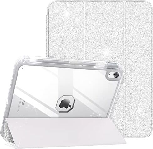 TiMOVO Custodia Compatibile con iPad 10 Generazione 10,9" 2022, Cover con Portamatite a Tre-Ante per iPad 10, Retro in PC Trasparente, Funzione di Auto Sveglia/Sonno, Glitter Bianco