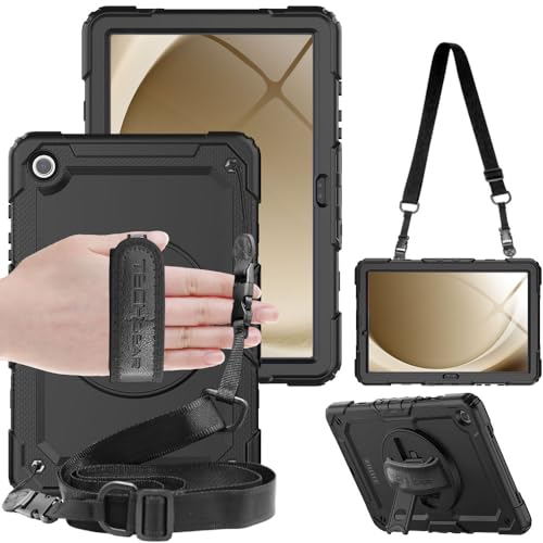 TECHGEAR UTILITY Custodia per Samsung Galaxy Tab A9 Plus da 11" (SM-X210/SM-X215), resistente, antiurto, con supporto girevole a 360°, cinturino da polso e tracolla, colore nero