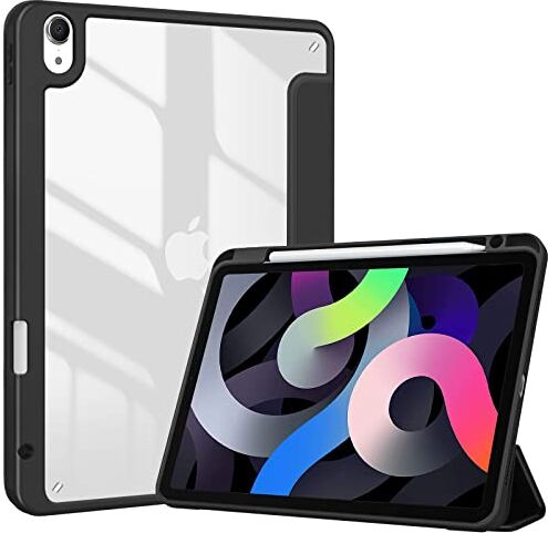 ProCase Cover iPad Air 5 Generazione 2022/Cover iPad Air 4 Generazione 2020 Cover iPad Air 10,9 Pollici con Portapenna, Retro Posteriore Transparent Trifold Smart Cover iPad Air 2022/2020 -Nero