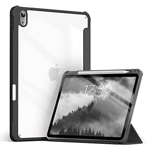 KEYWANTS Custodia per iPad Air 4/5 10,9 pollici (2020/2022) con slot per penna integrata, custodia con superficie in poliuretano e retro in acrilico, colore nero