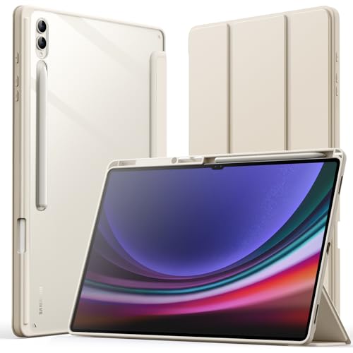 JETech Custodia per Samsung Galaxy Tab S9 Ultra 14,6 Pollici con S Pen Titolare, Chiaro Trasparente PC Retro, Antiurto Trifold Supporto Tablet Cover, Auto Svegliati/Sonno (Beige)