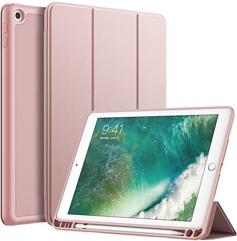 JETech Custodia per iPad 9,7 Pollici (6a/5a Generazione, 2018/2017) con Portapenne, Cover Tablet Sottile con Retro in Morbido TPU con Auto Svegliati/Sonno (Oro Rosa)