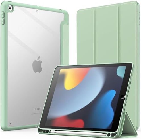 JETech Custodia per iPad 10,2 Pollici (9a/8a/7a Generazione, 2021/2020/2019) con Portapenne, il Involucro Posteriore Chiaro Trasparente Supporto Cover Sottile per Tablet Antiurto (Verde Matcha)