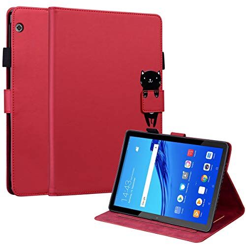 C/N DodoBuy Custodia per Huawei MediaPad T5 10.1", Animale del Fumetto Modello Magnetico Flip Protezione Smart Cover in Pelle PU Copertura Wallet Case Borsa Supporto Slot per Schede Rosso Gatto