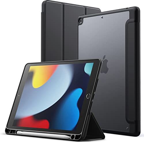 JETech Custodia Opaca per iPad 9/8/7 (10,2 Pollici, Modello 2021/2020/2019, 9a/8a/7a Generazione) con Portapenne, Posteriore Glassata Traslucida Supporto Cover Sottile Tablet (Nero)