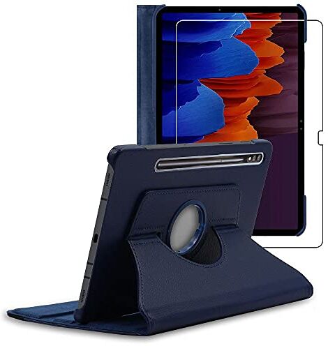 ebestStar Cover per Samsung Galaxy Tab S7+ SM-T970, Custodia Protezione Rotazione 360, Pelle PU, Blu scuro + Vetro Temperato