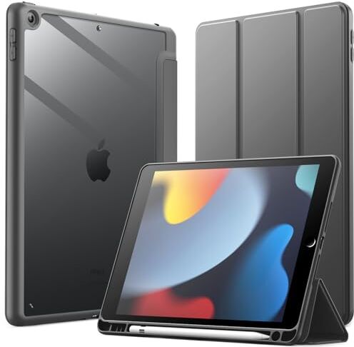 JETech Custodia per iPad 10,2 Pollici (9a/8a/7a Generazione, 2021/2020/2019) con Portapenne, il Involucro Posteriore Chiaro Trasparente Supporto Cover Sottile per Tablet Antiurto (Grigio Siderale)