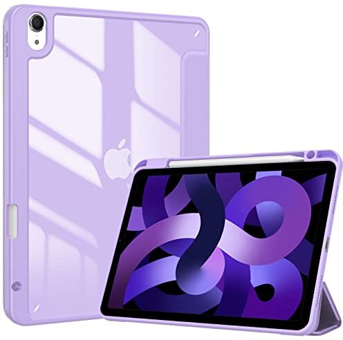 ProCase Cover iPad Air 5 Generazione 2022/Cover iPad Air 4 Generazione 2020 Cover iPad Air 10,9 Pollici con Portapenna, Retro Posteriore Transparent Trifold Smart Cover iPad Air 2022/2020-Viola