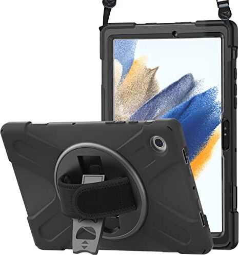 ProCase Custodia per Galaxy Tab A8 10.5 Pollici 2021[SM-X200/X205], Rugged Custodia Protettiva Antiurto con Cavalletto Rotante 360, Cinturino a Mano e Tracolla -Nero