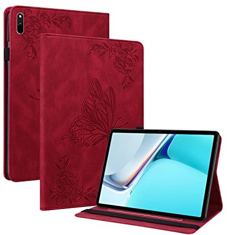 Nothers DodoBuy Custodia per Huawei Matepad 11" 2021, retrò Modello Farfalla Fiore Flip Smart Cover in Pelle PU Copertura Wallet Case Borsa Supporto Banda Elastica Rosso