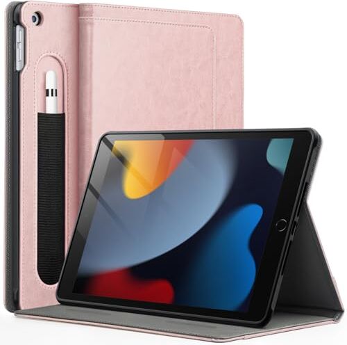 JETech Custodia per iPad 10,2 Pollici, 9/8/7 Generazione (2021/2020/2019) con Portapenne, Supporto Multi-Angolo Cover Protettiva in TPU Morbido Auto Svegliati/Sonno (Oro Rosa)