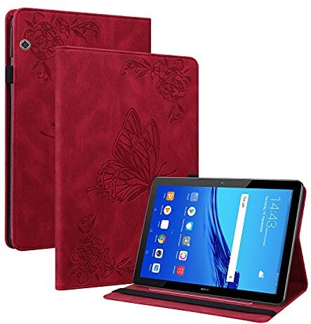 Nothers DodoBuy Custodia per Huawei MediaPad T5 10.1", retrò Modello Farfalla Fiore Flip Smart Cover in Pelle PU Copertura Wallet Case Borsa Supporto Banda Elastica Rosso