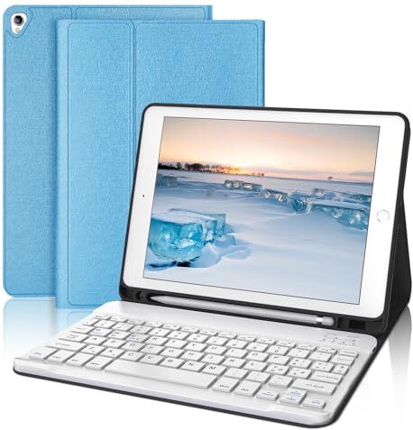 SENGBIRCH iPad 9 Generazione Custodia con Tastiera, iPad 10,2" Custodia Tastiera, Cover iPad 9 Generazione con Tastiera per iPad 9a/8a/7a Gen, Smart Cover & Bluetooth-5.0 Tastiera per iPad, Azzurro