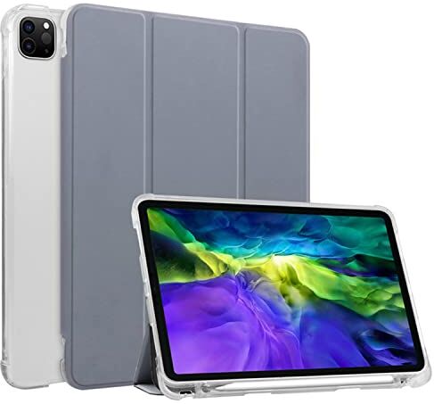 HUEZOE Custodia compatibile con iPad Pro da 11 pollici, modello 2021/2020/2018, in morbido TPU trasparente, copertura posteriore pieghevole con portapenne, auto sleep/wake, lavanda