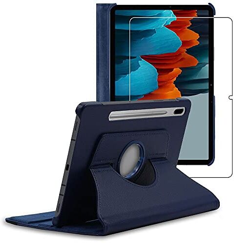 ebestStar Cover per Samsung Galaxy Tab S7 SM-T870, Custodia Protezione Rotazione 360, Pelle PU, Blu scuro + Vetro Temperato