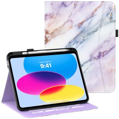 MoKo Custodia iPad 10a Gen. iPad 10,9 Pollici 2022 con Portapenne, Custodia iPad 10a Gen. con Visualizzazione Multi-Angolo e Cinturino Posteriore in Morbido TPU per iPad 10a Gen. 2022, Marmo viola