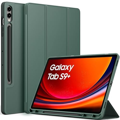 EasyAcc Custodia Cover Compatibile con Samsung Galaxy Tab S9 FE+/S9+ 12.4 Pollici 2023 con Cover Leggero Supporto in Pelle PU Case, SM-X810 (Wi-Fi)/SM-X816B (5G Global)/SM-X818U, Verde Notte Scuro