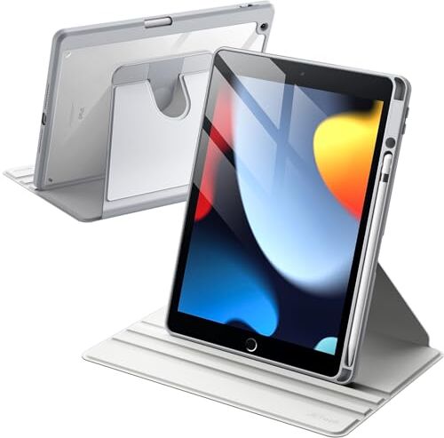 JETech Rotante Custodia per iPad 9/8/7 (10,2 Pollici, 2021/2020/2019 Modello, 9a/8a/7a Generazione) con Portapenne, 360 Gradi Rotazione Protettiva Cavalletto Cover Chiaro Indietro (Argento)