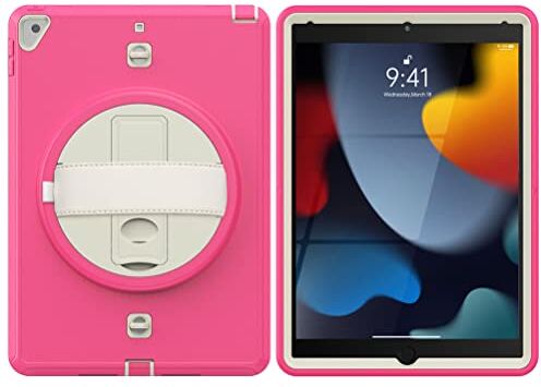 KEYWANTS Custodia per iPad 7/8/9 Gen(2019/2020/2021) 10,2" e Air 3 Gen(2019) 10,5", girevole a 360°, con mano e tracolla, colore: Bianco e rosa