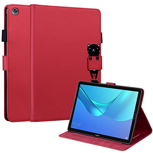 C/N DodoBuy Custodia per Huawei MediaPad M5 10/10 Pro 10.8" Tablet, Animale del Fumetto Modello Magnetico Flip Protezione Smart Cover in Pelle PU Wallet Case Borsa Supporto Slot per Schede Rosso Gatto