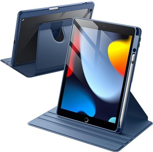 JETech Rotante Custodia per iPad 9/8/7 (10,2 Pollici, 2021/2020/2019 Modello, 9a/8a/7a Generazione) con Portapenne, 360 Gradi Rotazione Protettiva Cavalletto Cover Chiaro Indietro (Navy)