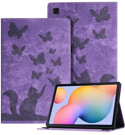 Auslbin Ausblin Goffrato Cover Samsung Tab S6 Lite, Custodia per Tablet in Pelle PU Retrò a Tema Farfalla e Gatto per Samsung Galaxy Tab S6 Lite (2020/2022) 10.4" / P610, Viola