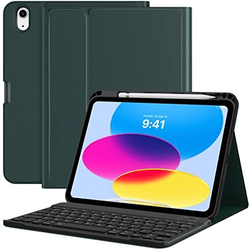 MoKo 2 in 1 Custodia con Tastiera per iPad 10 Generazione 2022, iPad 10,9 Cover Protettiva con Tastiera Bluetooth Rimovibile con Portamatite Tastiera Layout Americano, Verde Scuro