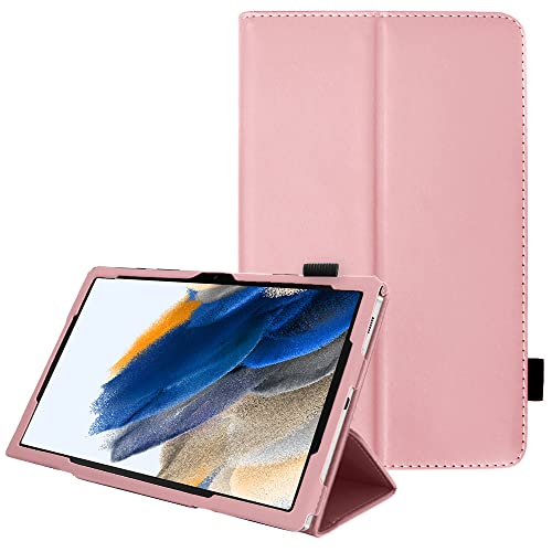 TECHGEAR Custodia in Pelle Designato per Samsung Galaxy Tab A8 10.5" 2022 (SM-X200 / SM-X205), Custodia Rigida Sottile di Alta Qualità in PU Pelle con Supporto e Cinturino a Mano [Rosa]