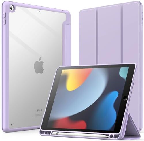 JETech Custodia per iPad 10,2 Pollici (9a/8a/7a Generazione, 2021/2020/2019) con Portapenne, il Involucro Posteriore Chiaro Trasparente Supporto Cover Sottile per Tablet Antiurto (Viola Chiaro)