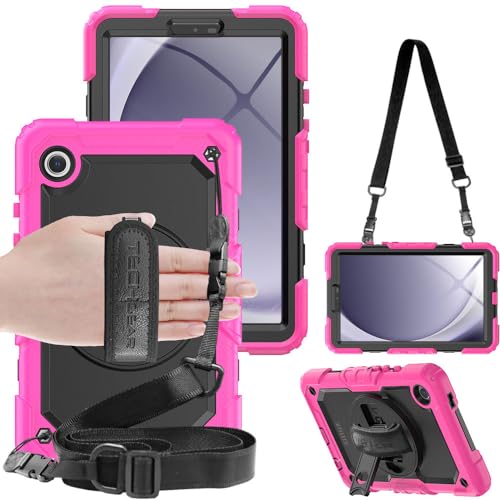 TECHGEAR UTILITY Custodia per Samsung Galaxy Tab A9 da 8,7" (SM-X110 / SM-X115), resistente, antiurto, con supporto girevole a 360°, cinturino da polso e tracolla, colore rosa