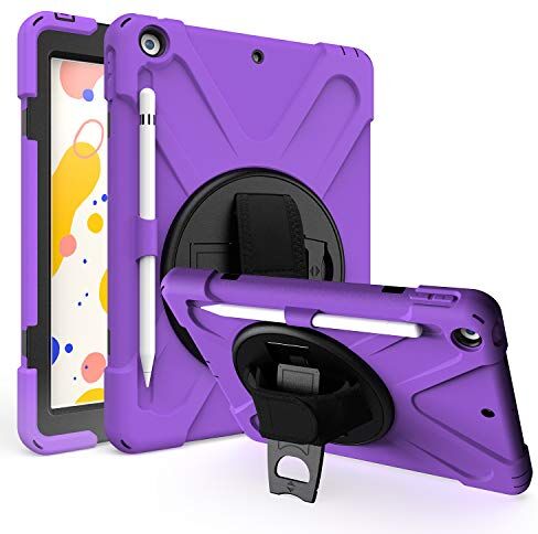 JZ 360 Degrees Kickstand Custodia Cover Compatible with New iPad 10.2 inch (2019/2020) Stand Custodia with Wrist Strap,Shoulder Strap And Pencil Holder Purple