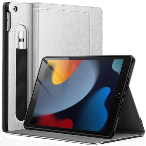 JETech Custodia per iPad 10,2 Pollici, 9/8/7 Generazione (2021/2020/2019) con Portapenne, Supporto Multi-Angolo Cover Protettiva in TPU Morbido Auto Svegliati/Sonno (Argento)