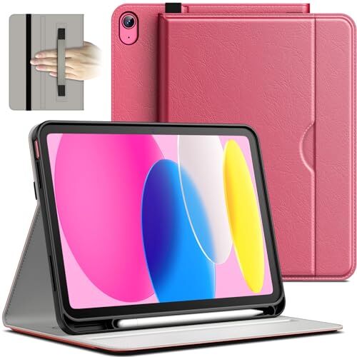 JETech Custodia per iPad 10 (10,9 Pollici, Modello 2022, 10a Generazione), PU Pelle Affari Folio Protettiva Cover Tablet con Portapenne & Tasca, Multi-Angolo Visualizzazione (Rosa)