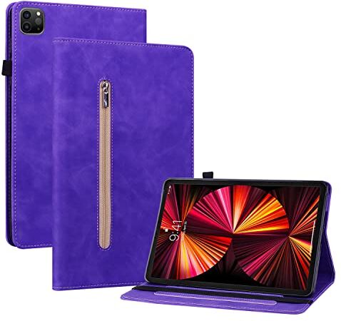 GXLONG Ooboom Zipper Custodia per iPad PRO 11" 2021/2020/2018/iPad Air 4 10.9", Flip Smart Cover in Pelle PU Protezione Copertura Wallet Case Borsa Supporto Banda Elastica Viola