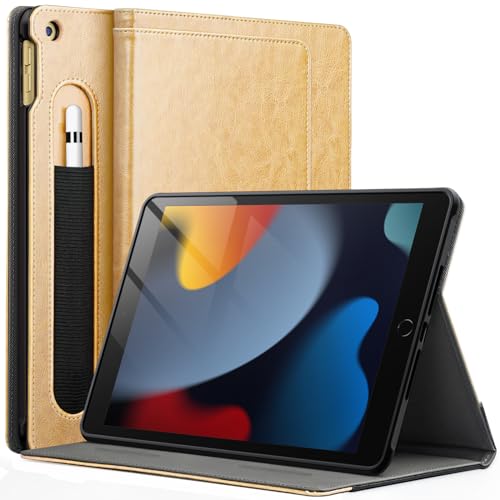 JETech Custodia per iPad 10,2 Pollici, 9/8/7 Generazione (2021/2020/2019) con Portapenne, Supporto Multi-Angolo Cover Protettiva in TPU Morbido Auto Svegliati/Sonno (Oro)