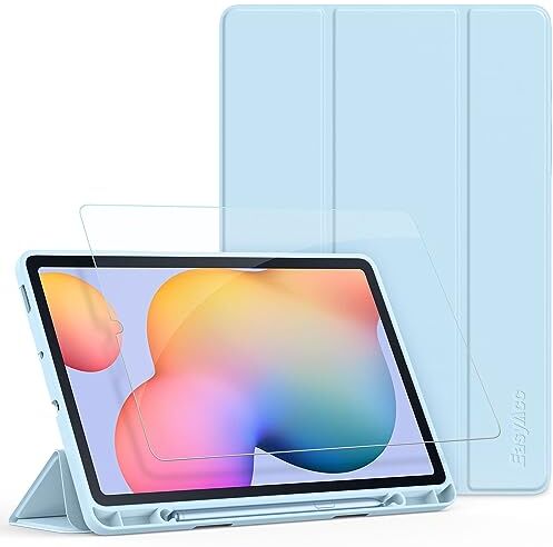 EasyAcc Custodia Cover Compatibile con Samsung Galaxy Tab S6 Lite 10.4 Pollici 2022/2020 SM-P610N/P615N con Vetro Temperato-Ultra Sottile con Cover Leggero Supporto in PU Case,bianco ghiaccio blu