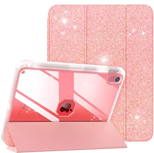 TiMOVO Custodia Compatibile con iPad 10 Generazione 10,9" 2022, Cover con Portamatite a Tre-Ante per iPad 10, Retro in PC Trasparente, Funzione di Auto Sveglia/Sonno, Rosa Leggero con Glitter