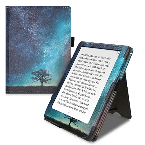 kwmobile Custodia Compatibile con Kobo Clara HD Case Custodia Ecopelle Cover con Chiusura Magnetica Autosleep Leggio Cinturino Portatessere Natura e Spazio Blu/Grigio/Nero