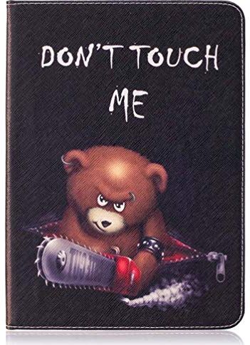 AIFILLE Custodia Libro Pelle PU per Tablet Samsung Tab S3 9.7 2017 T820/T825 Nero Flip Smart Carta Credito Funzione di Appoggio Disegni DON'T TOUCH ME Orso Marrone Animali Cover Antiurto Protettiva