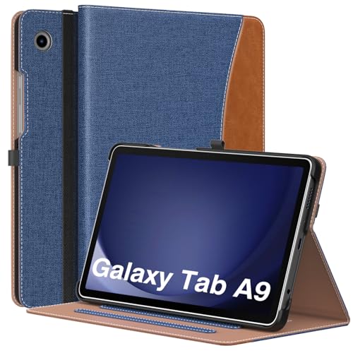 MoKo Custodia per Samsung Galaxy Tab A9 8,7 Pollici 2023 (SM-X110/SM-X115/SM-X117), Custodia in Pelle PU per Visualizzazione Multiangolo con Cinghia da Mano, Tasca Frontale, Denim Blu Marrone