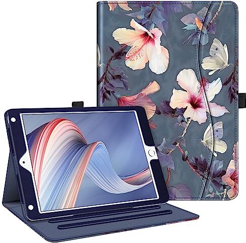 FINTIE Custodia per iPad 9.7 Pollici 2018 2017, iPad Air 2, iPad Air [Multi-angli] Folio Pieghevole Cover Protettiva Case Auto Sveglia/Sonno (con Tasca per Le Schede), Blooming Hibiscus