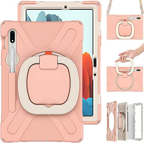 KUSEZJK Custodia per Samsung Galaxy Tab S7 11 T870 T875, Samsung Galaxy Tab S7 11 T870 T875 Cover, Cover Protettiva per Tablet Robusta e Resistente per Bambini con Cavalletto Rotante & Tracolla (Oro Rosa)