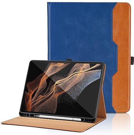 Oduio Custodia per Samsung Galaxy Tab S8 Ultra 14,6 Pollici 2022 Pelle Tablet Case con S Pen Holder, Multi-Angli Supporto Pieghevole Cover Protettiva con Tasca, Auto Sveglia/Sonno Blu