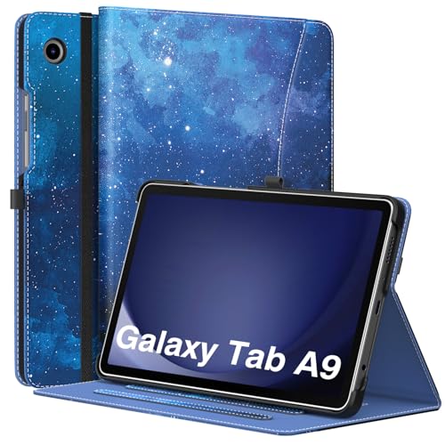 MoKo Custodia per Samsung Galaxy Tab A9 8,7 Pollici 2023 (SM-X110/SM-X115/SM-X117), Custodia in Pelle PU per Visualizzazione Multiangolo con Cinghia da Mano, Tasca Frontale, Cielo Stellato Blu