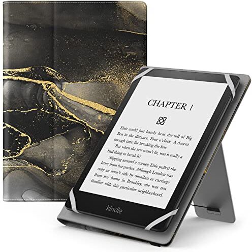 MoKo Custodia Cover Universale Compatibile con E-Lettore Kindle/Kobo/Voyaga/Lenovo/Sony/Tolino da 6", 6,8" e 7", in Pelle PU con Chiusura di Elastico, Doppio Supporto e Manico, Marmo Nero Oro