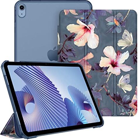 FINTIE Custodia per iPad 10ª Generazione 10.9" 2022 Sottile Leggero Semi-Trasparente Posteriore Cover Case con Auto Sveglia/Sonno, Blooming Hibiscus