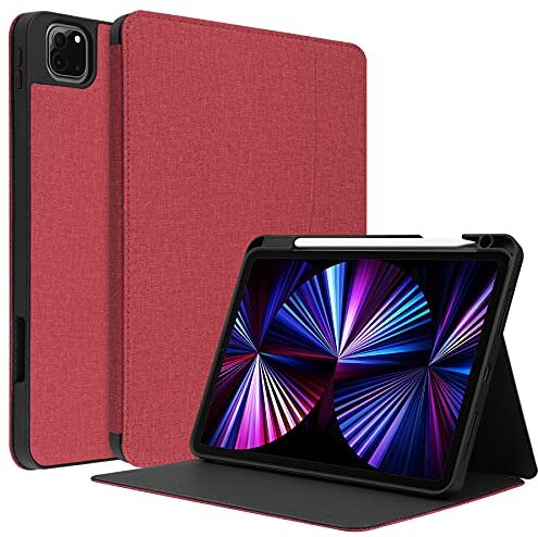 HUEZOE Custodia per iPad Pro da 11 pollici, modello 2021/2020/2018, cover posteriore in morbido TPU denim con supporto per penna, spegnimento automatico/sveglia, vino rosso