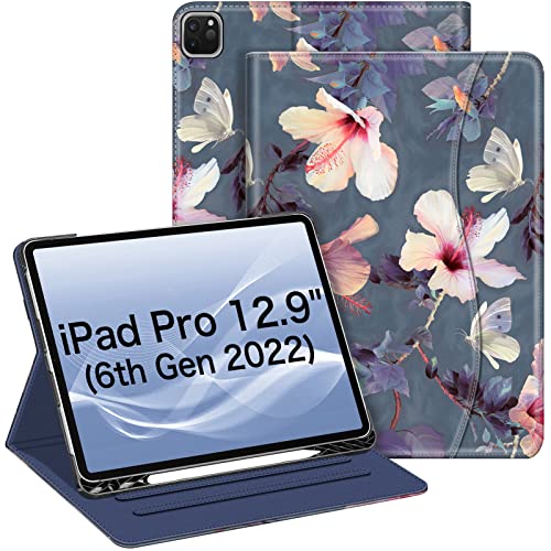 FINTIE Custodia Compatibile con iPad Pro 12.9" 6a/5a/4a/3a Generazione 2022/2021/2020/2018 con Pencil Holder, Multi-angli Slim Cover Case con Pocket e Auto Svegliati/Sonno, Blooming Hibiscus