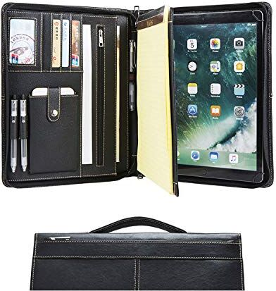 Calfinder Cartella per conferenze in pelle fatta a mano con cerniera per iPad Pro 129 (2015/2017), cartella per scrittura A4, borsa organizer per cartelle-tablet, nera