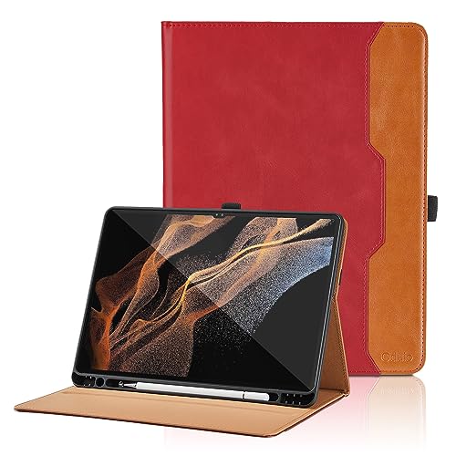 Oduio Custodia per Samsung Galaxy Tab S8 Ultra 14,6 Pollici 2022 Pelle Tablet Case con S Pen Holder, Multi-Angli Supporto Pieghevole Cover Protettiva con Tasca, Auto Sveglia/Sonno Rosso